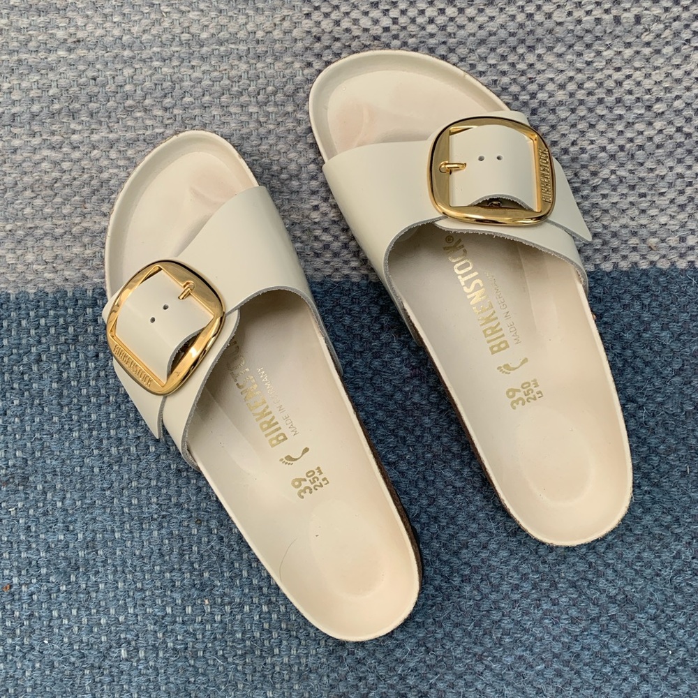 Birkenstock Madrid Big Buckle Slide Sandal in Ecru, Size 39 (US 8-8.5)